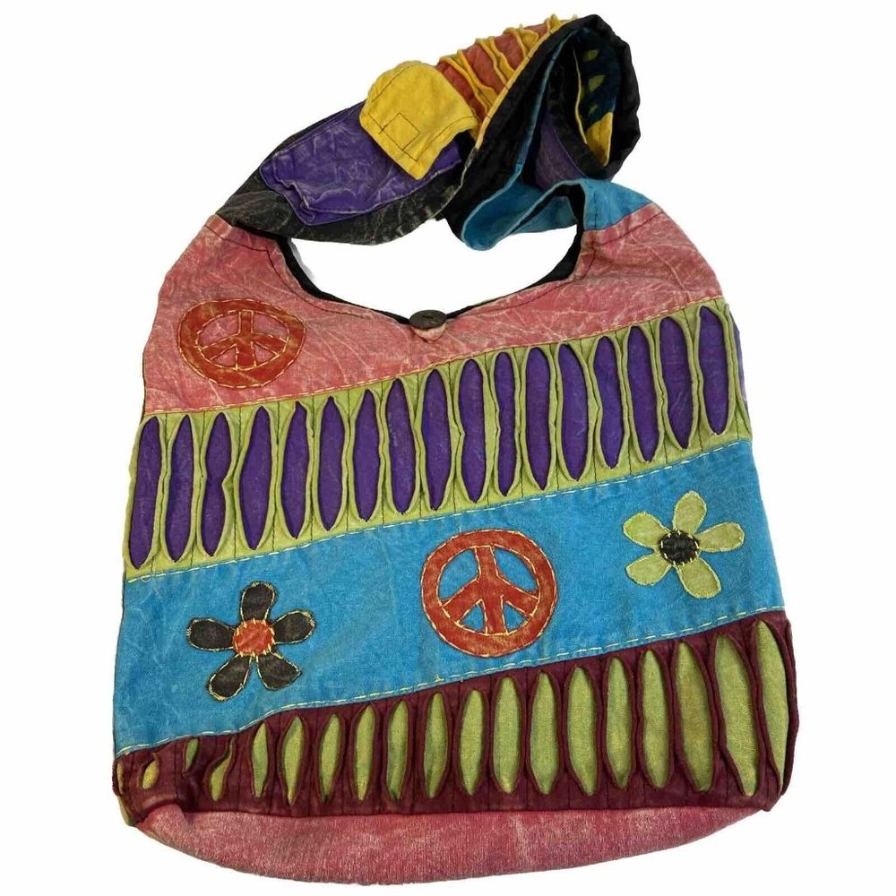 Peace Soft Body Sling Bag Purse Boho Hippie Hobo Crossbody Shoulder Multicolor L